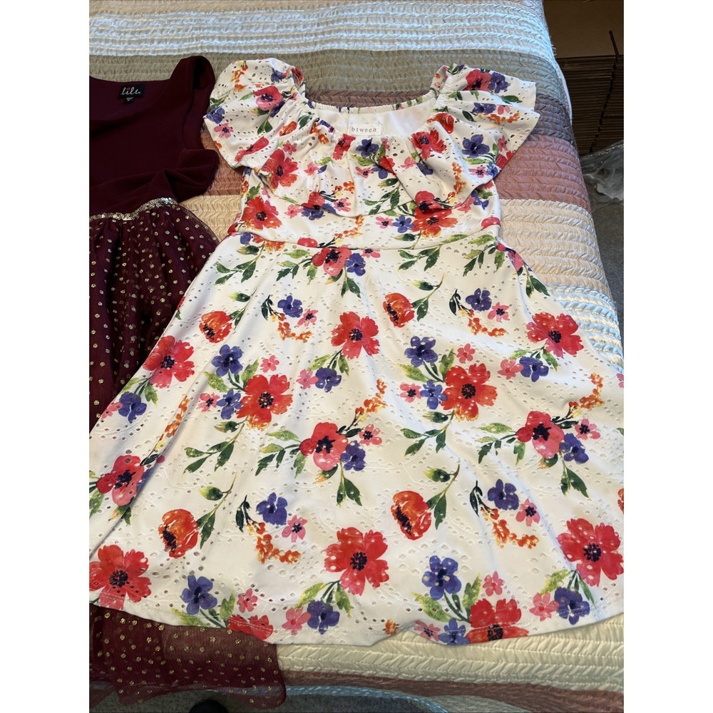 Lot of 3 Girls Dresses Size 10 12 Btween Lilt Floral Burgundy Polka Dot Short